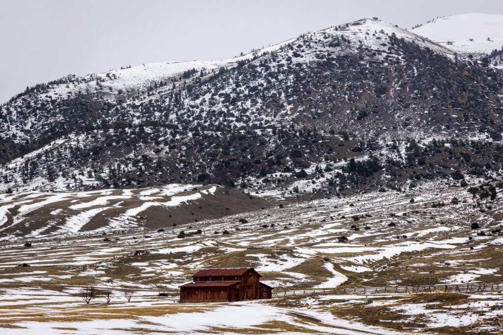 Red Barn in the Snow at Paradise Valley, Montana