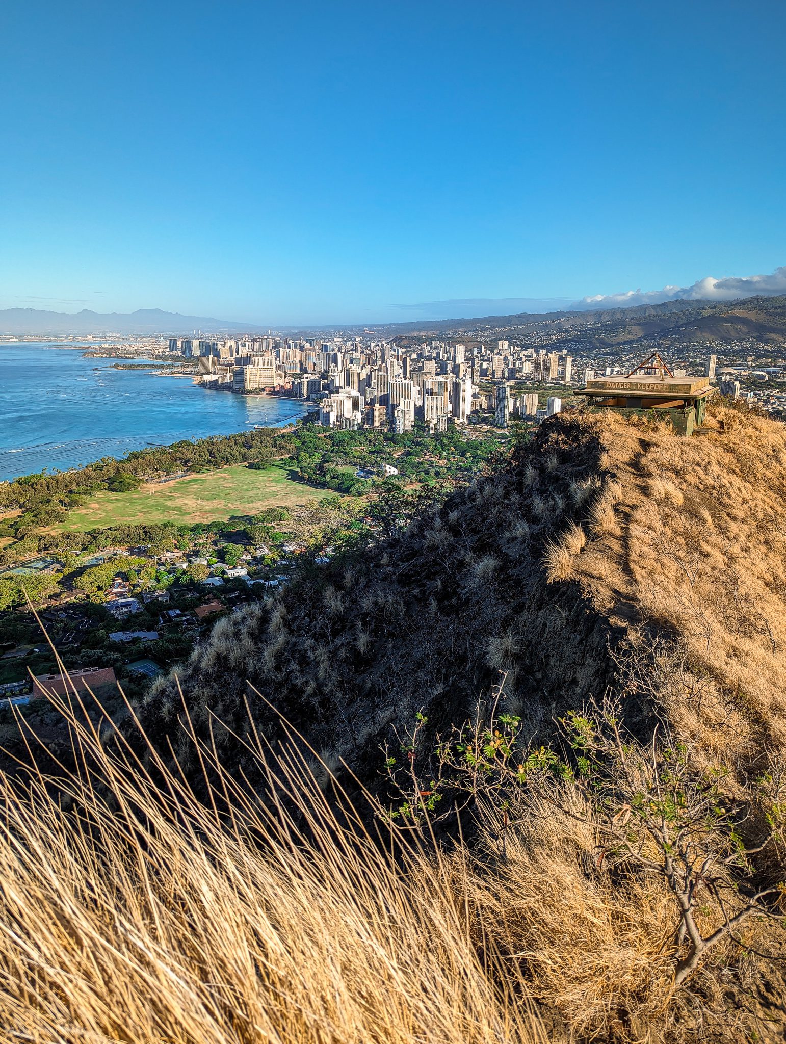 Looking down into Wakiki from the top of Diamond Head Crater on O'ahu, Hawaii