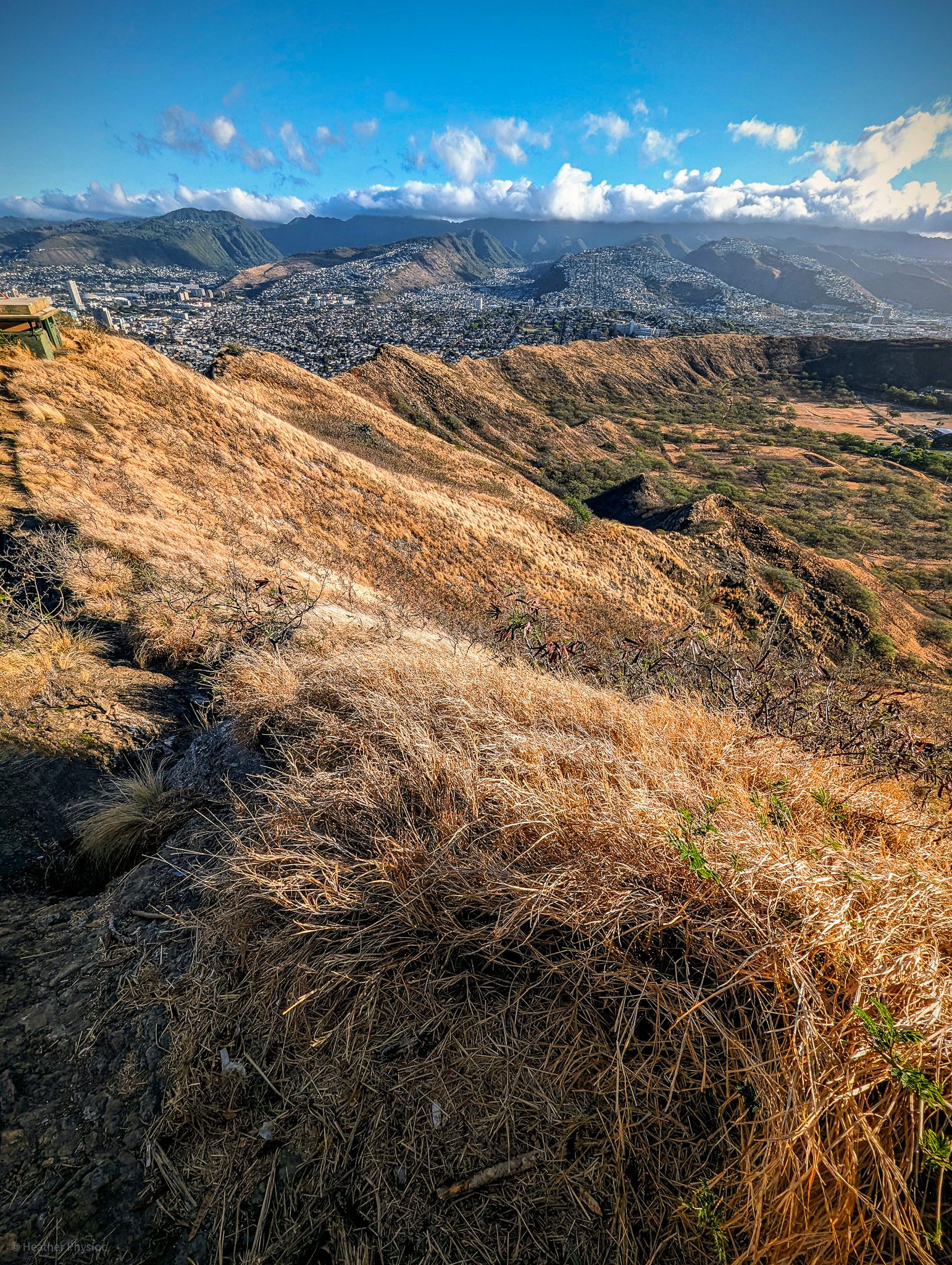 View from the top, peering into the Diamond Head Crater on O'ahu, Hawaii