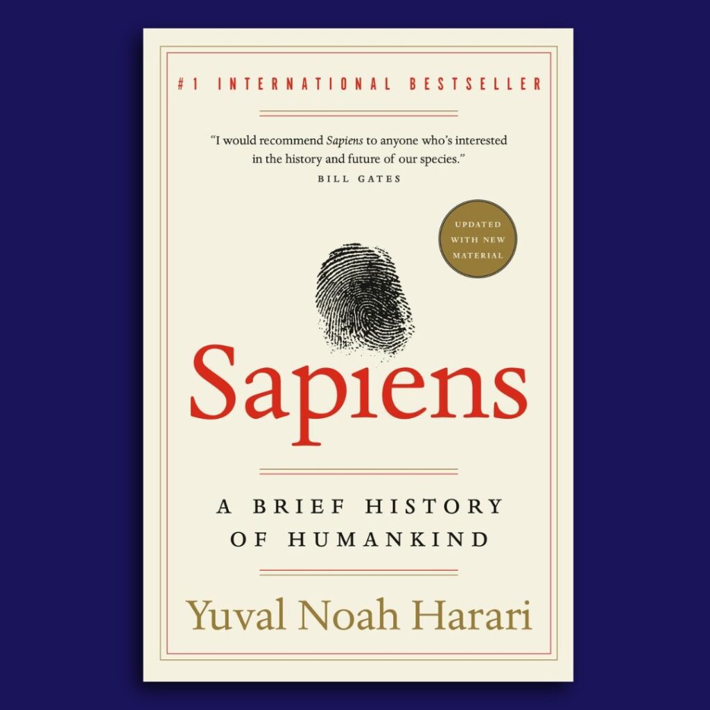 Book review image of the book cover for Sapiens: A Brief History of Humankind (2011), a nonfiction history and anthropology book by Yuval Noah Harari. The cover features a minimalist design with a fingerprint illustration, symbolizing human identity, evolution, and collective history.