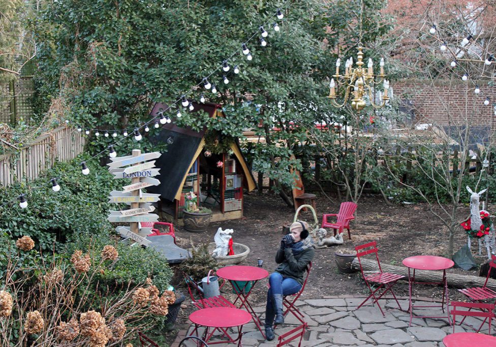 Drinking Coffee in the Garden of Old Fox Books in Annapolis, MD