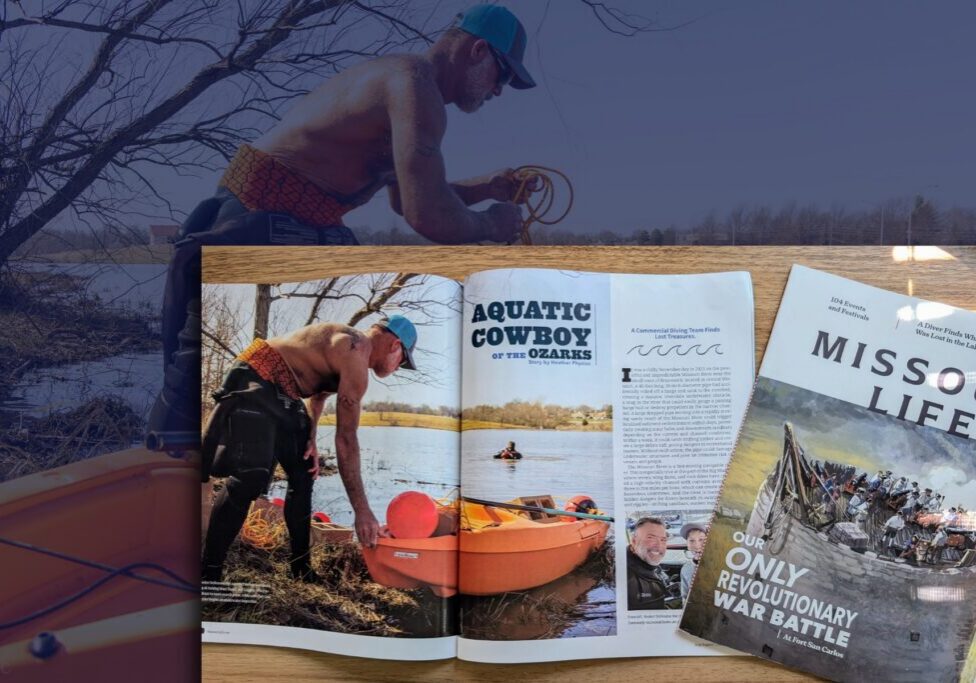 Ozark river diving article snapshot and Missouri Life Magazine cover from July/August 2026